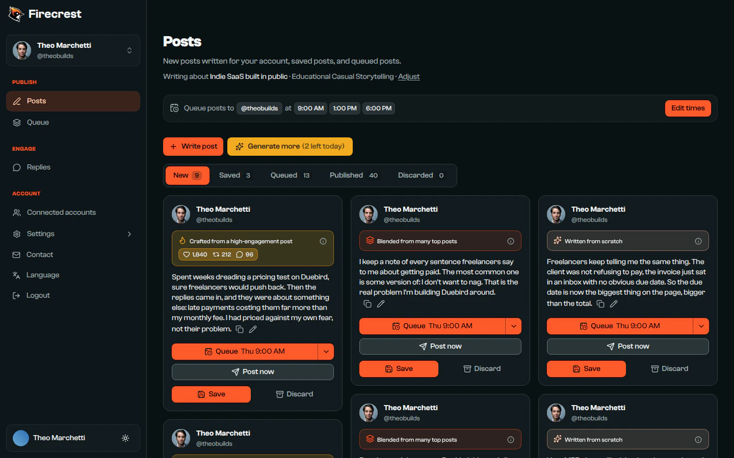 The Posts page with new posts for Theo Marchetti's account. The first was crafted from a high-engagement post and shows that post's engagement.
